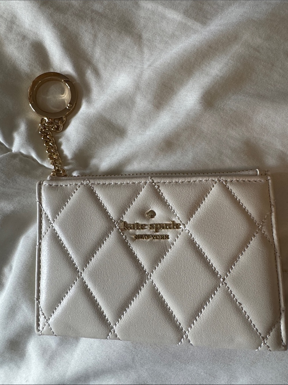 kate spade Cream Quilted Card Holder Keychain with Gold Hardware